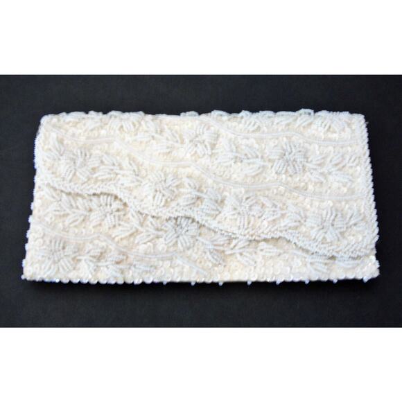 Beaded Evening Bag Clutch Purse White Cream Sequin Floral Microbeads Hong Kong V - Picture 2 of 8